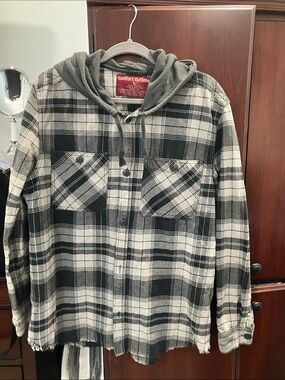 Black & White Plaid Lightweight Hooded Shirt Jacket
